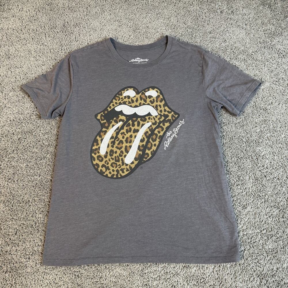 The Rolling Stones Shirt Womens S Gray Leopard Tongue Graphic Crew Neck Cotton